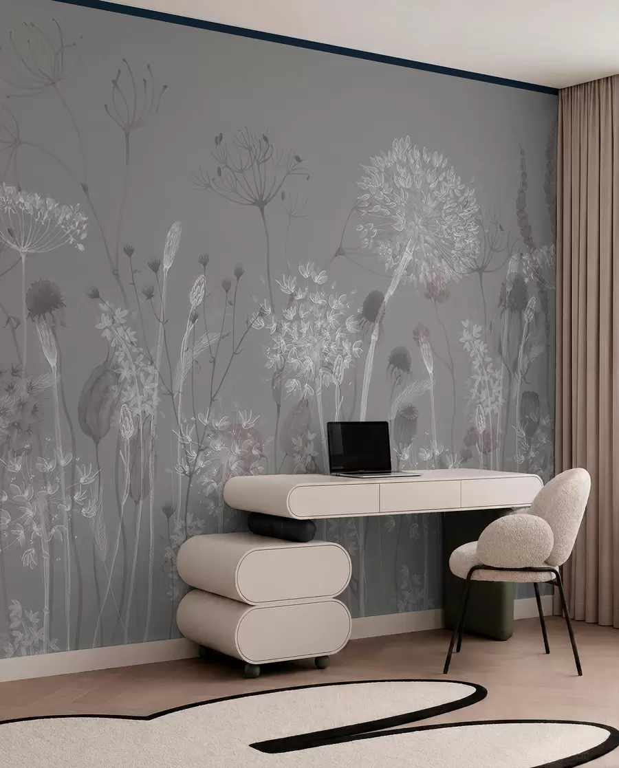 fototapeter Luftige mælkebøtter og vilde blomster i akvarelstil i blågrå toner w08637v3