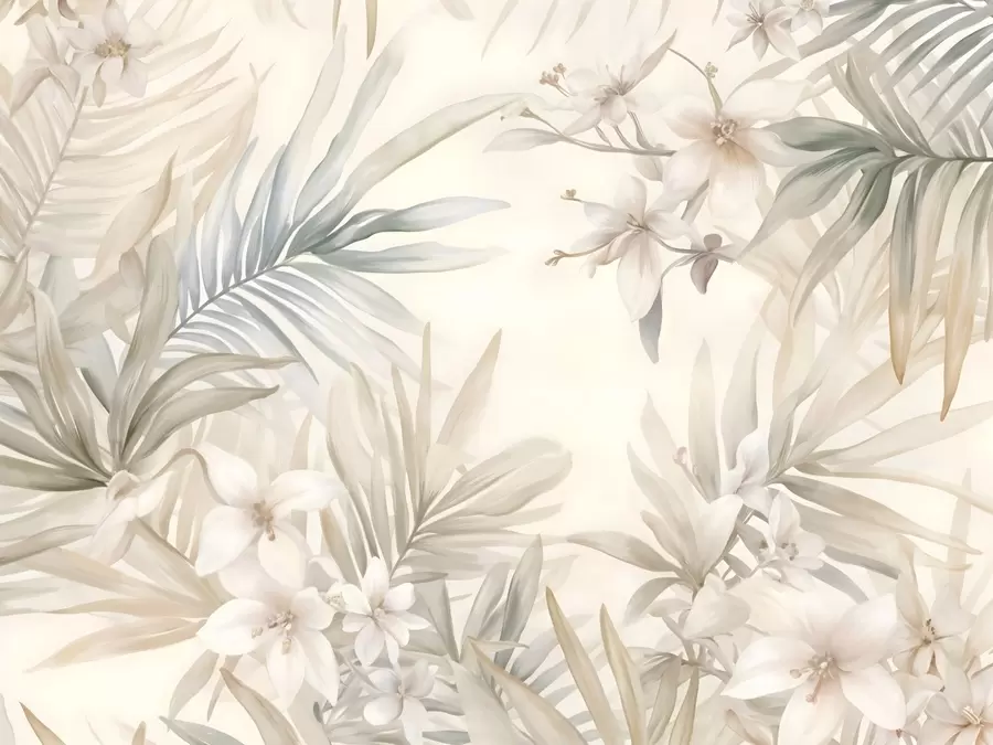 fototapeter Pastelfarvede tropiske blade og blomster med lysegrønt, cremefarvet og sart rosa w08660