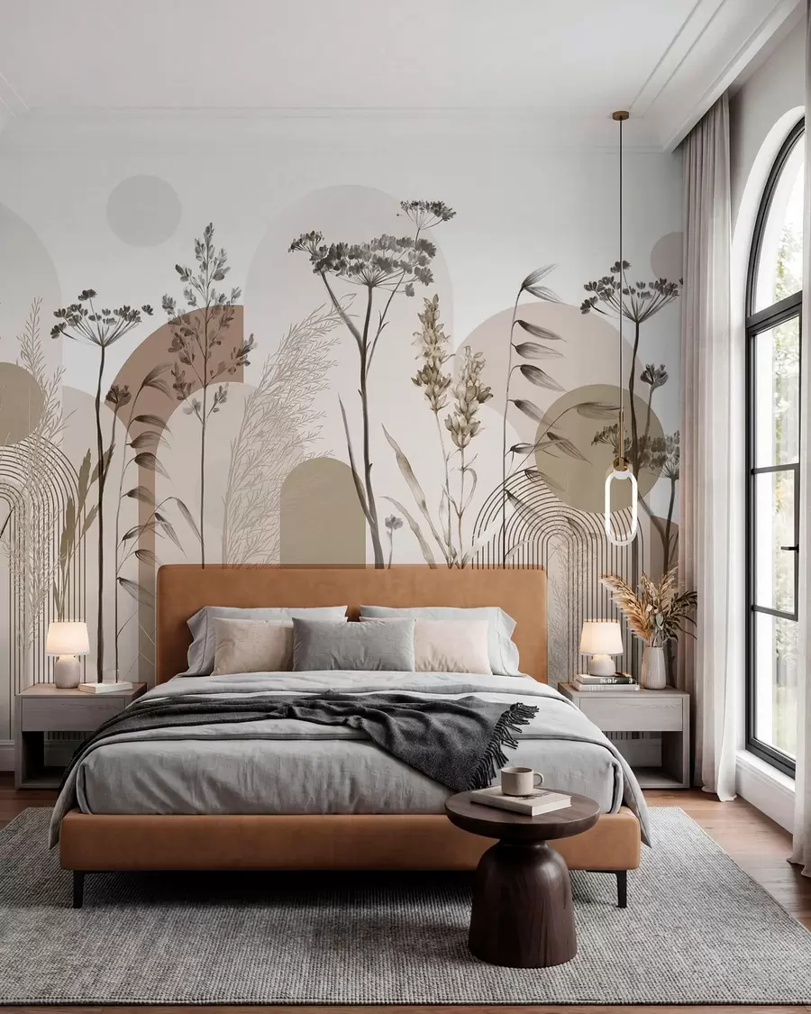 fototapeter En samling af planter og blomster i neutrale toner på abstrakt buebaggrund i bløde beige og brune nuancer w08665
