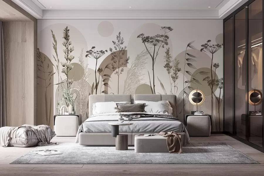 Fototapete Eine Sammlung von Pflanzen und Blumen in neutralen Tönen auf abstraktem Bogenhintergrund in sanften Beige- und Brauntönen w08665