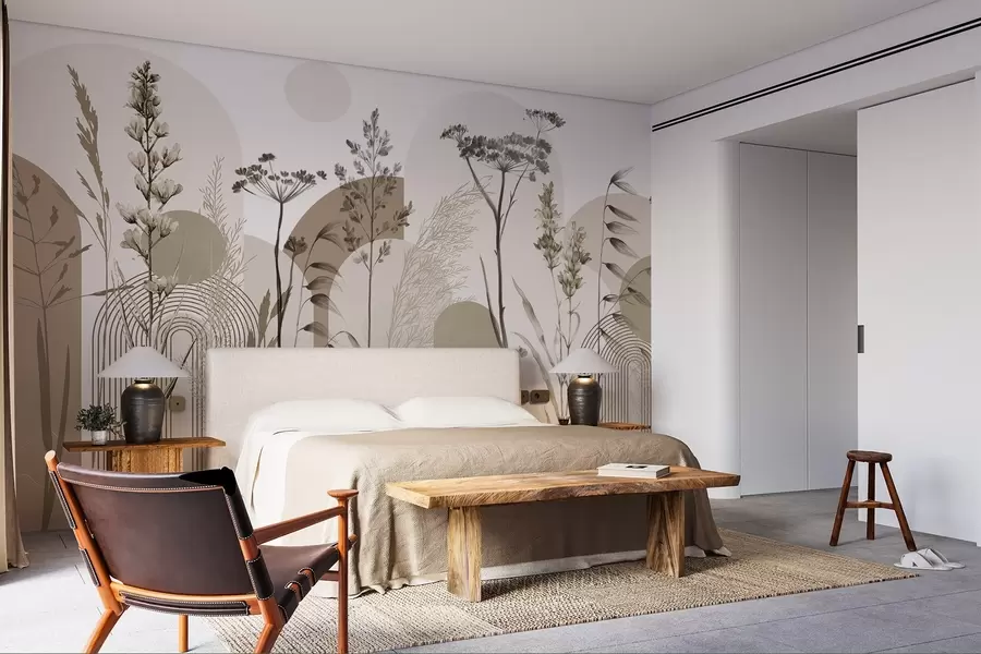 Fototapete Eine Sammlung von Pflanzen und Blumen in neutralen Tönen auf abstraktem Bogenhintergrund in sanften Beige- und Brauntönen w08665