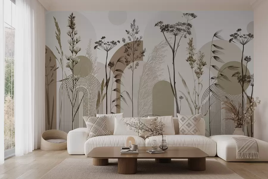 fototapeter En samling af planter og blomster i neutrale toner på abstrakt buebaggrund i bløde beige og brune nuancer w08665