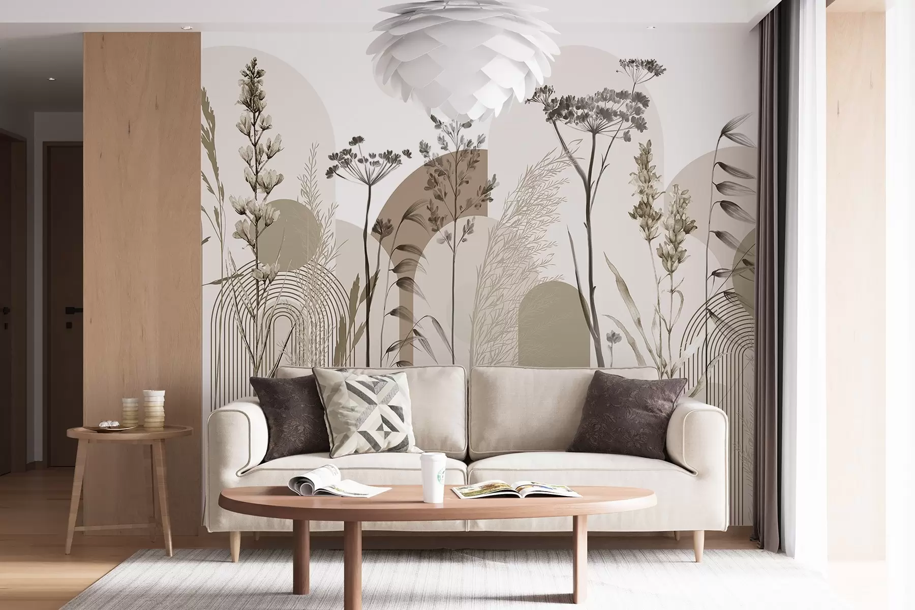 Fototapete Eine Sammlung von Pflanzen und Blumen in neutralen Tönen auf abstraktem Bogenhintergrund in sanften Beige- und Brauntönen w08665