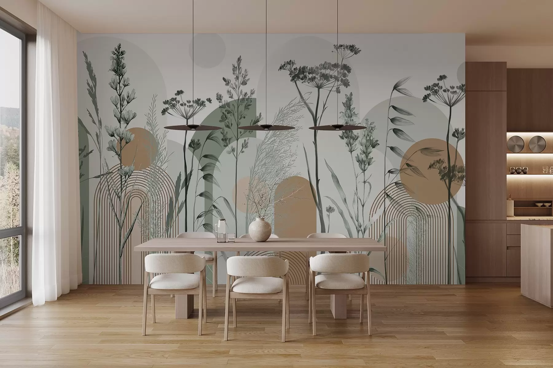 fototapeter En samling af planter og blomster i neutrale toner på abstrakt buebaggrund i bløde beige og brune nuancer w08665