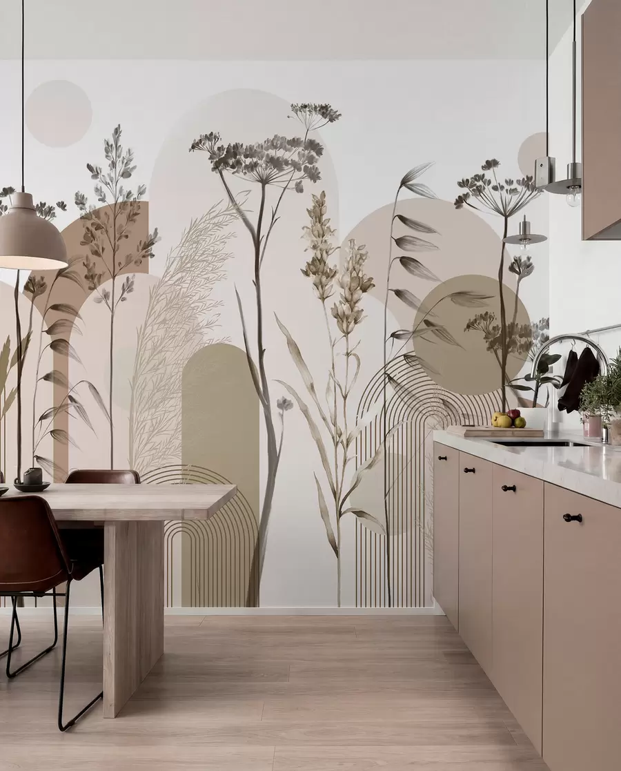 fototapeter En samling af planter og blomster i neutrale toner på abstrakt buebaggrund i bløde beige og brune nuancer w08665