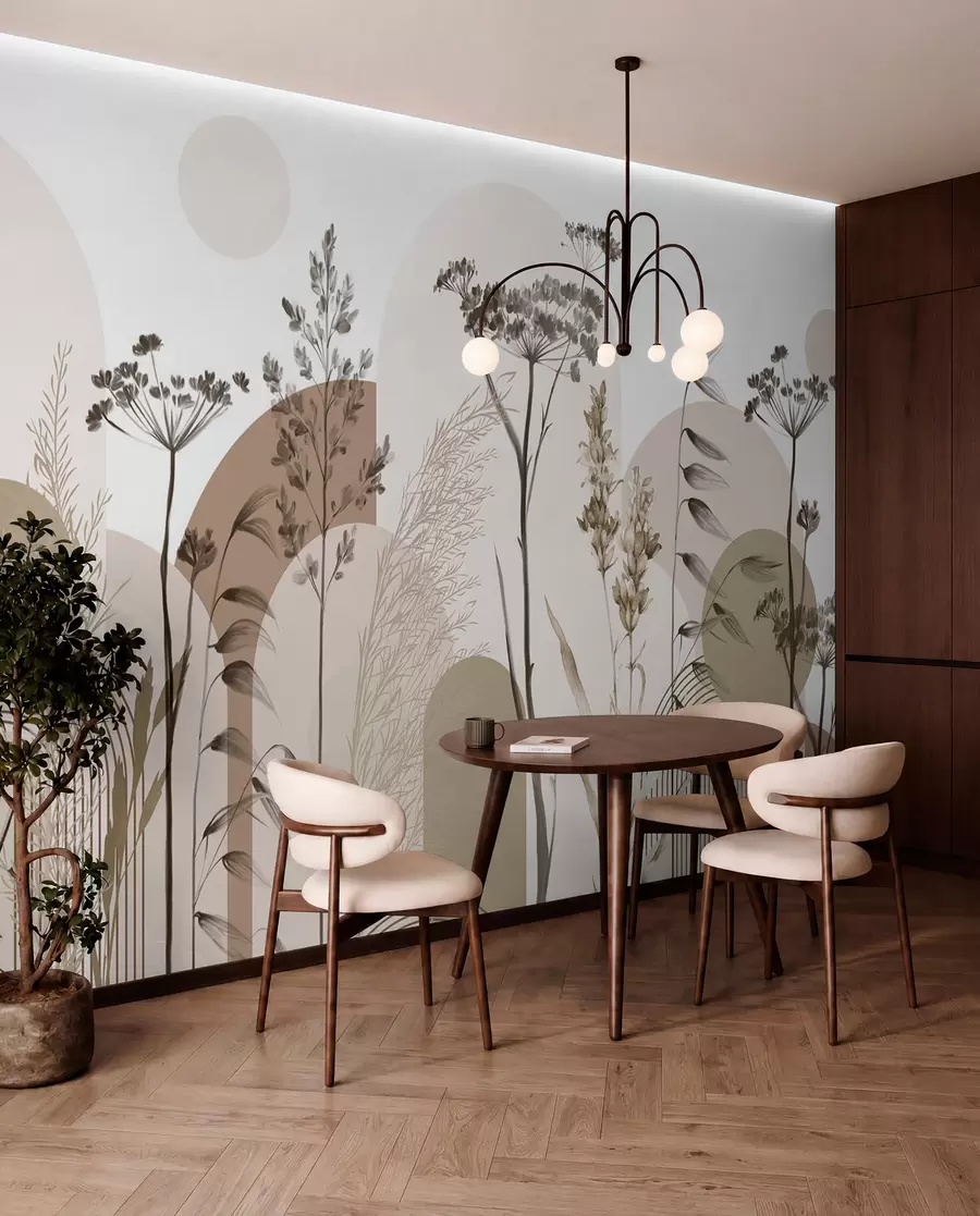 fototapeter En samling af planter og blomster i neutrale toner på abstrakt buebaggrund i bløde beige og brune nuancer w08665