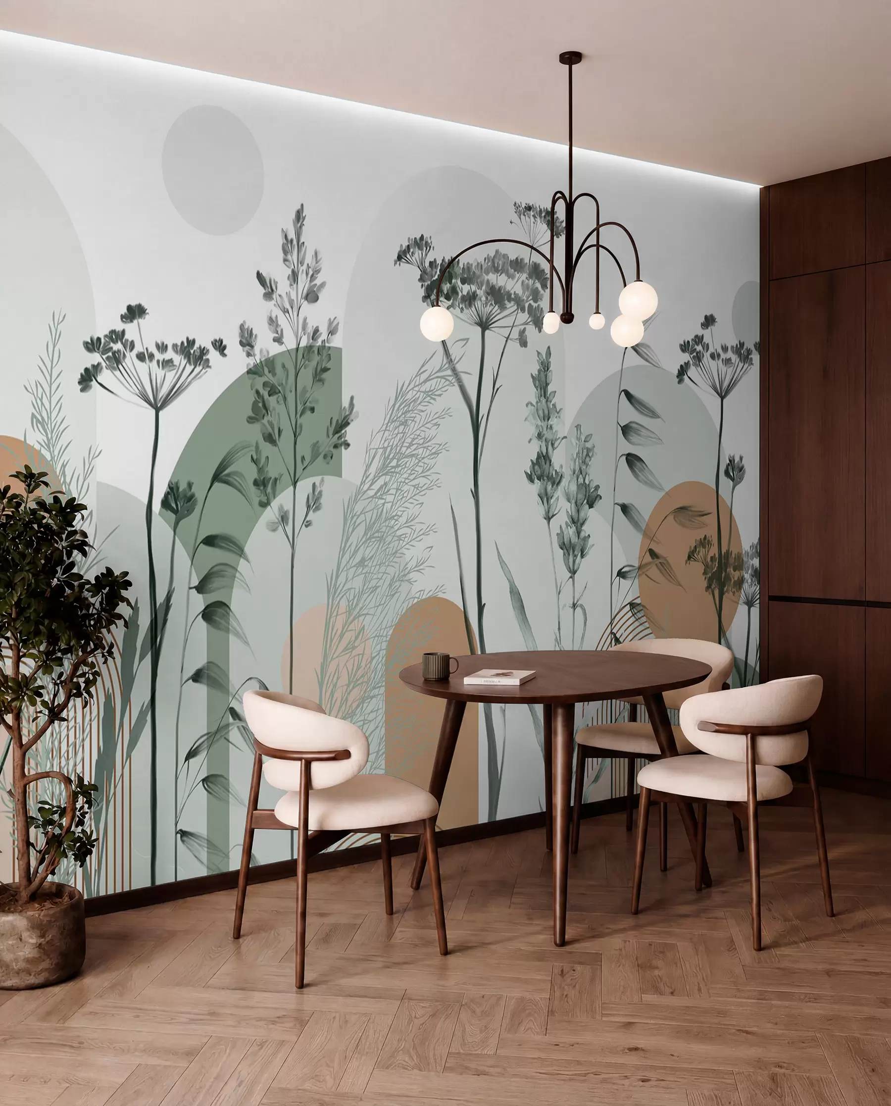 Fototapete Eine Sammlung von Pflanzen und Blumen in neutralen Tönen auf abstraktem Bogenhintergrund in sanften Grün- und Orangetönen w08665v1