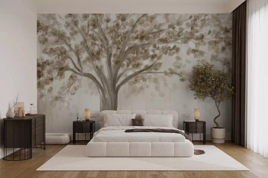 Murale Un grand arbre avec des feuilles douces et abstraites de couleur beige sur un fond clair et neutre mettant en valeur les tons de l'arbre w08669