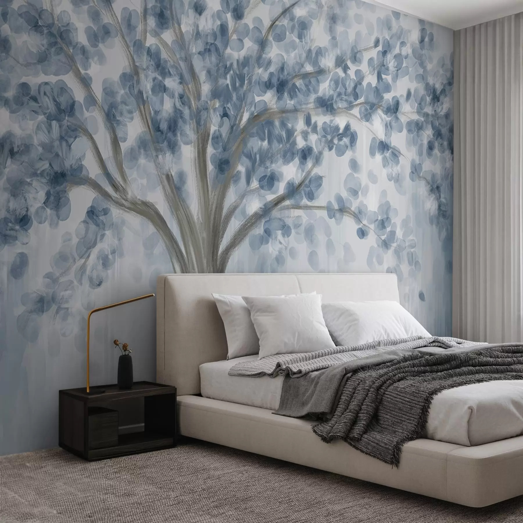 Fototapete Ein großer Baum mit weichen, abstrakten Blättern in Blau auf einem hellen, neutralen Hintergrund, der die Farbtöne des Baums hervorhebt w08669v1