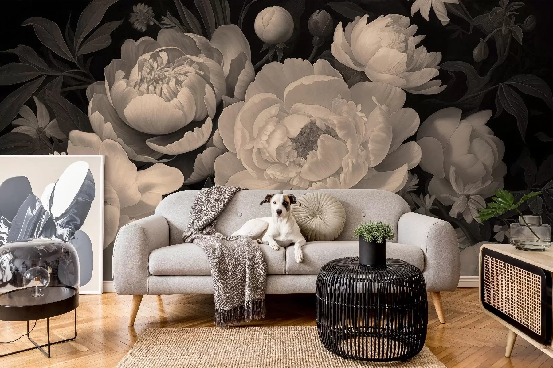 fototapeter Elegant buket af pæoner og blomster i sepiafarvede nuancer på en mørk baggrund w08689v1