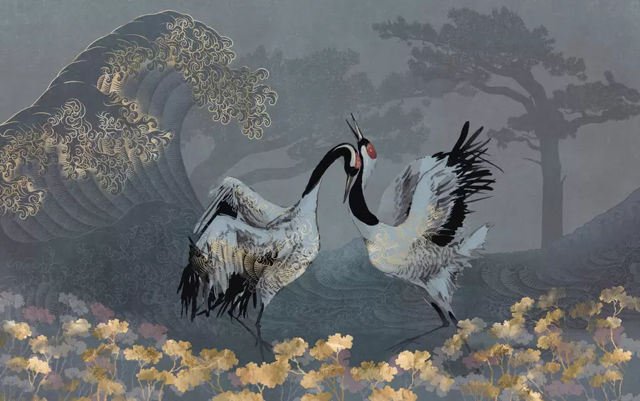 Murale Grues, arbres et vagues avec des éléments de style chinois w02747