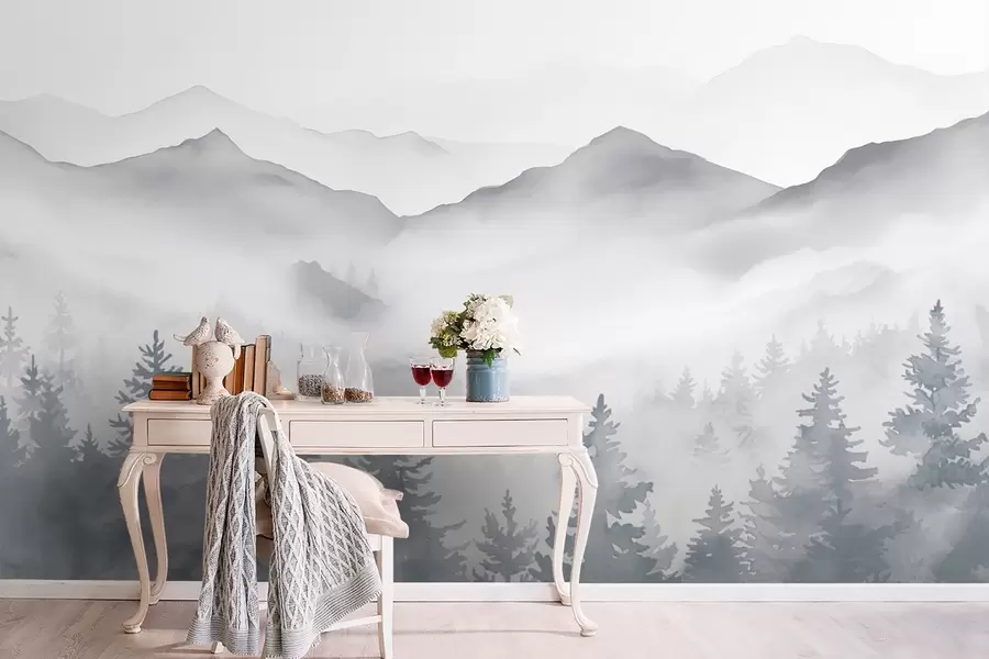 Fototapete Gelassene Berglandschaft mit nebligen Wäldern in sanften Grau- und Blautönen w08680