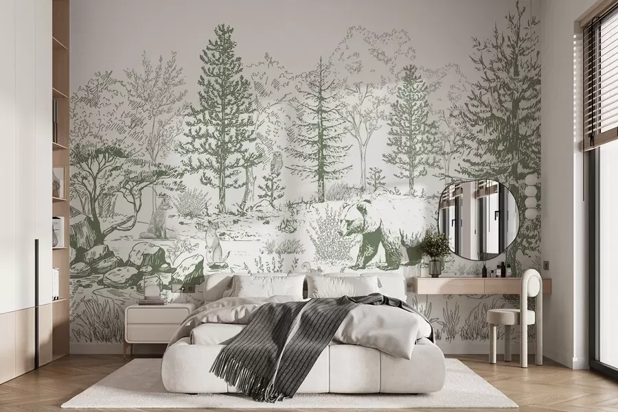 Fototapete Waldleben, Bäume, wilde Tiere, Bär, Fuchs, Eule, Büsche, Bleistift-Stil Zeichnung, grüne Farben w02929v2