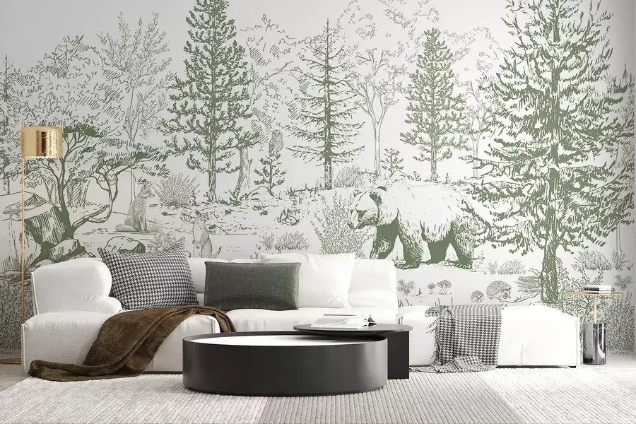 fototapeter Skovliv, træer, vilde dyr, bjørn, ræv, ugle, buske, blyantstegning, grønne farver w02929v2