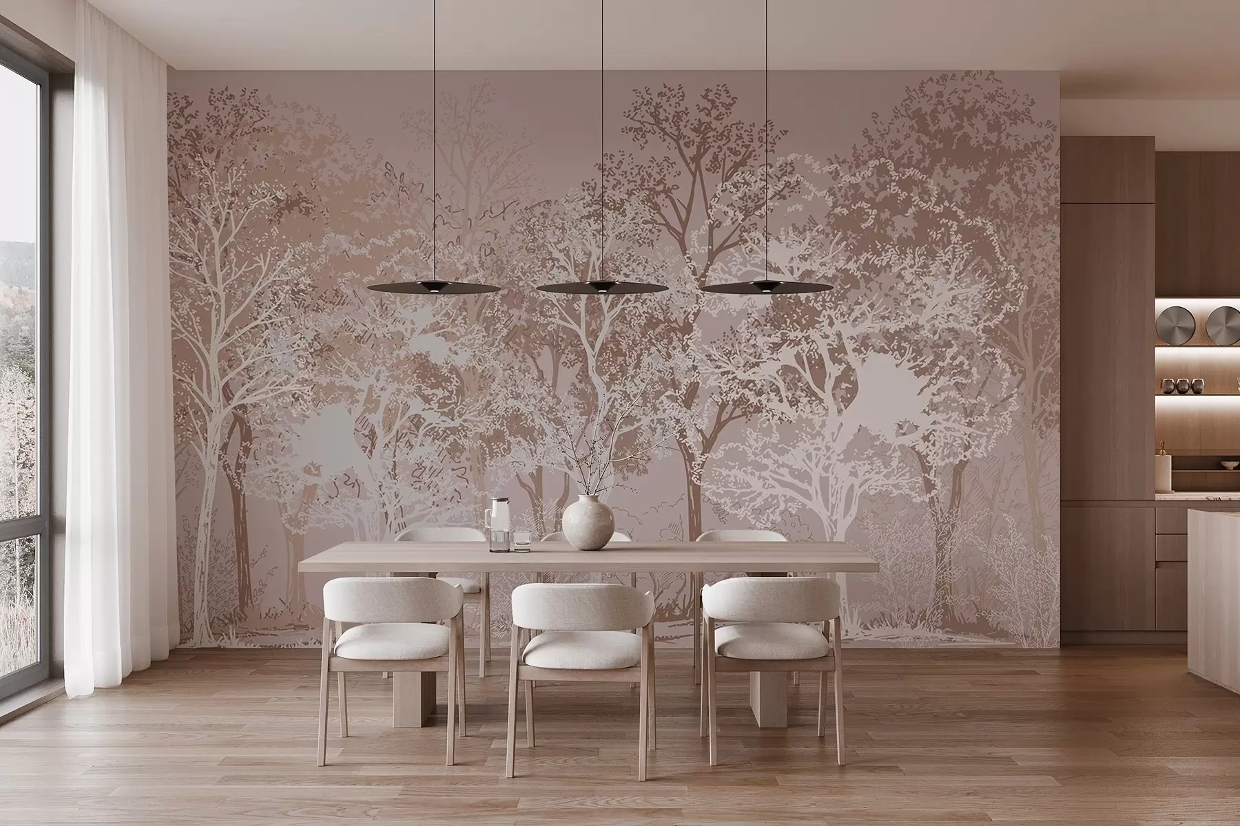 fototapeter Træer i skoven, minimalisme, natur, beige farvepalet  w02930