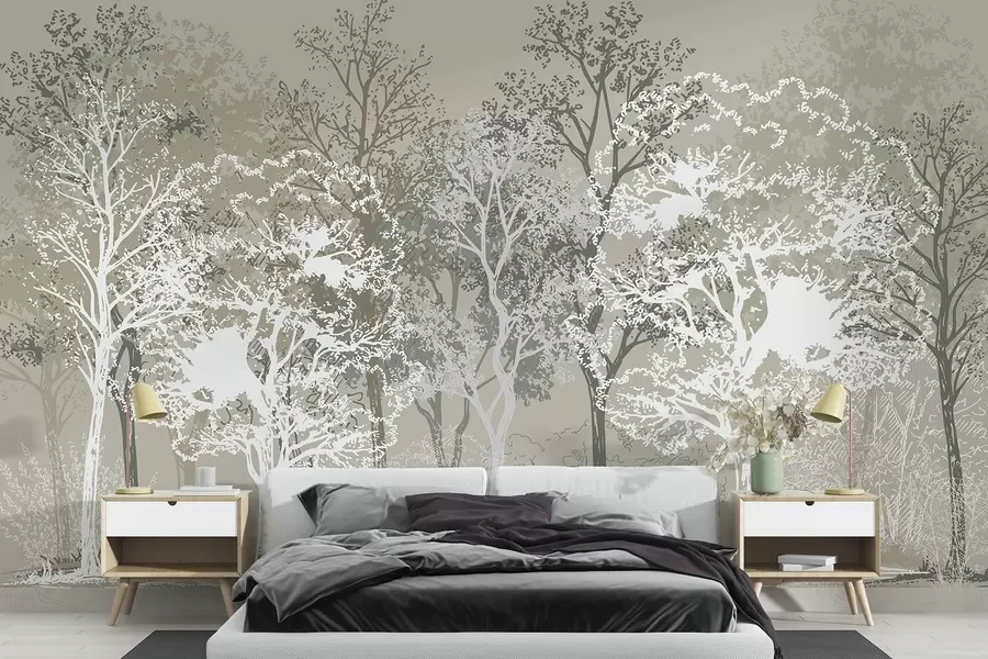 Fototapete Bäume im Wald, Minimalismus, Natur, grüne Farbpalette w02930v1