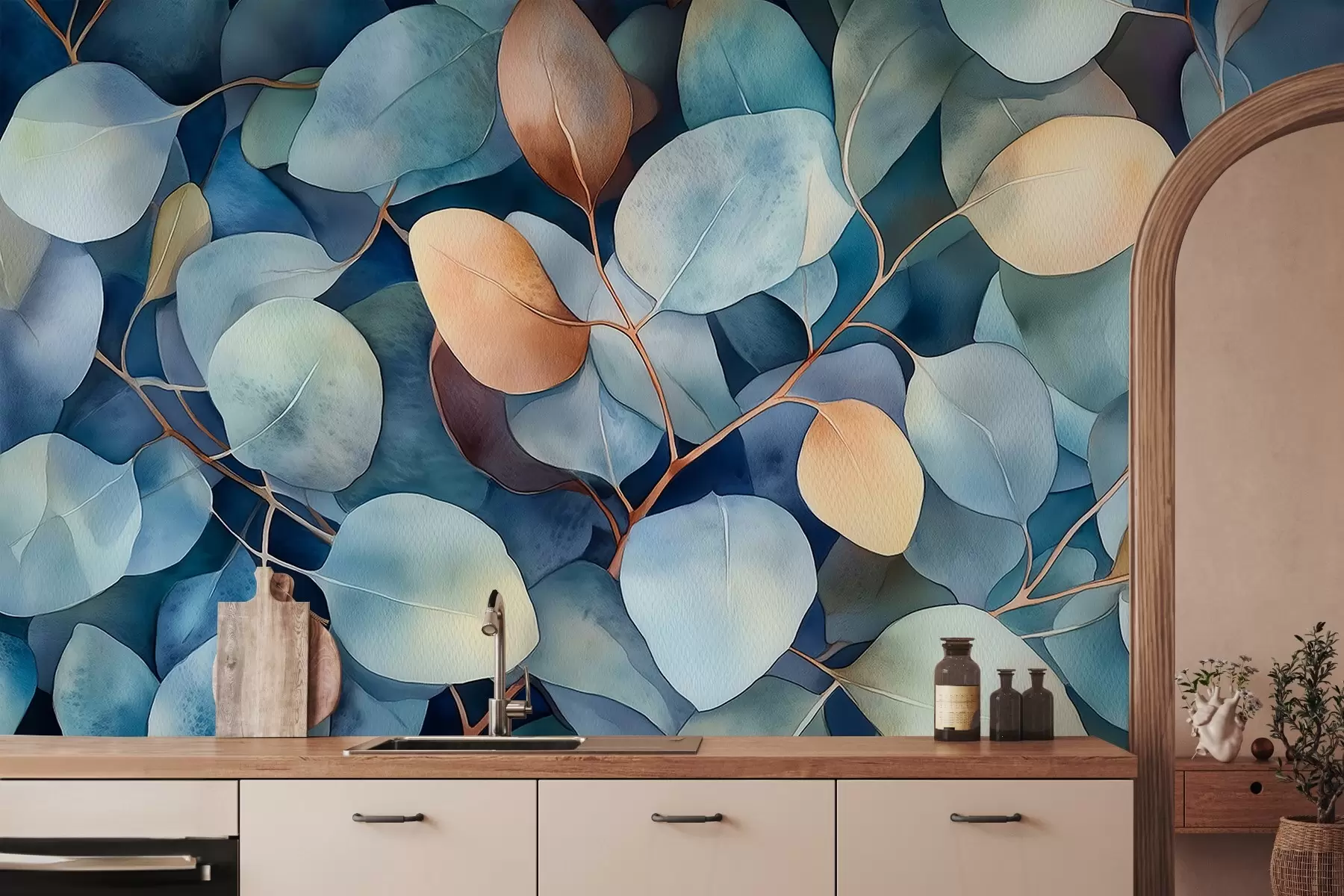 Fototapete Schöne Eukalyptusblätter, florale Muster, Aquarell-Stil Zeichnung w02939