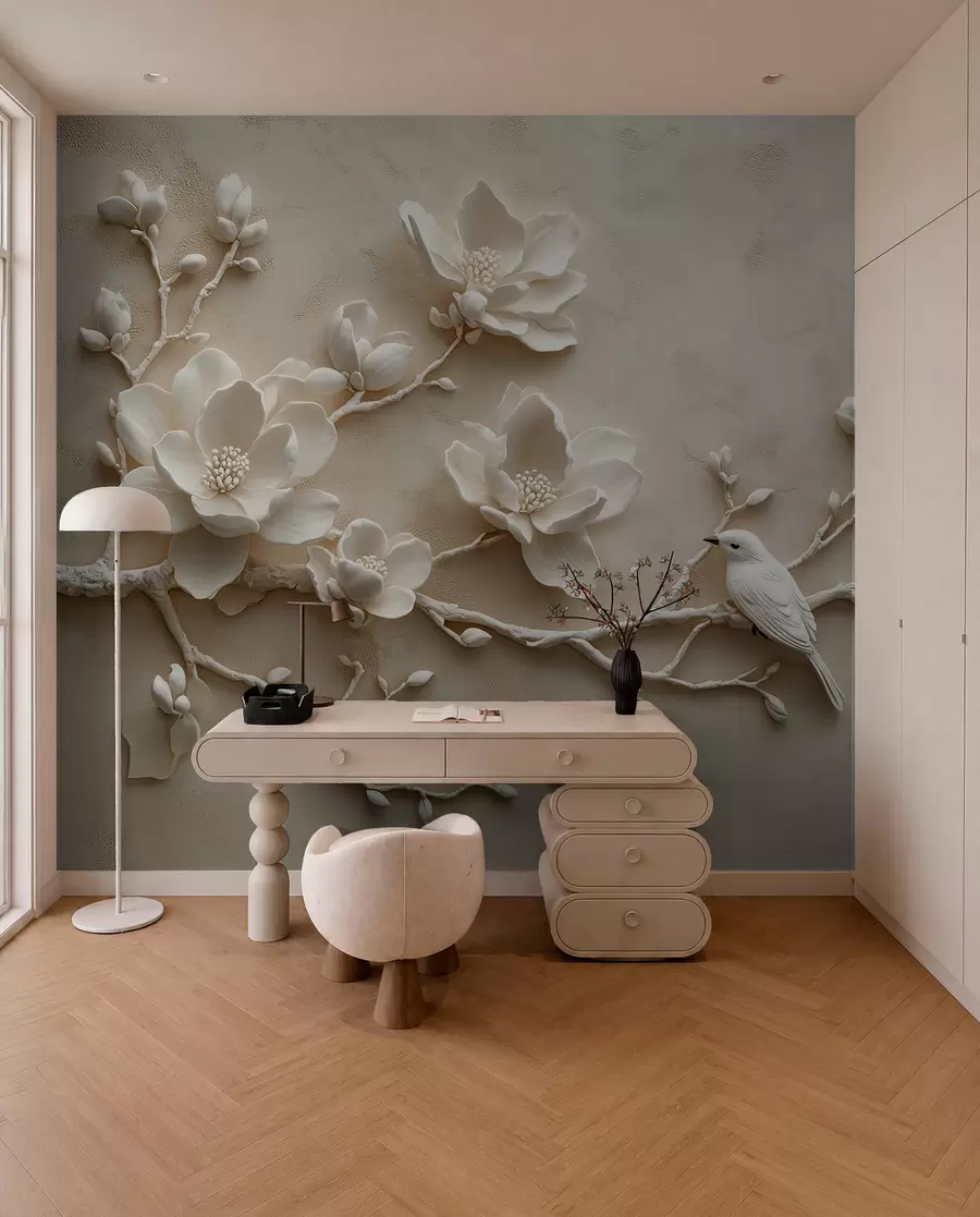 fototapeter 3D-magnoliegrene med fugle på w08690