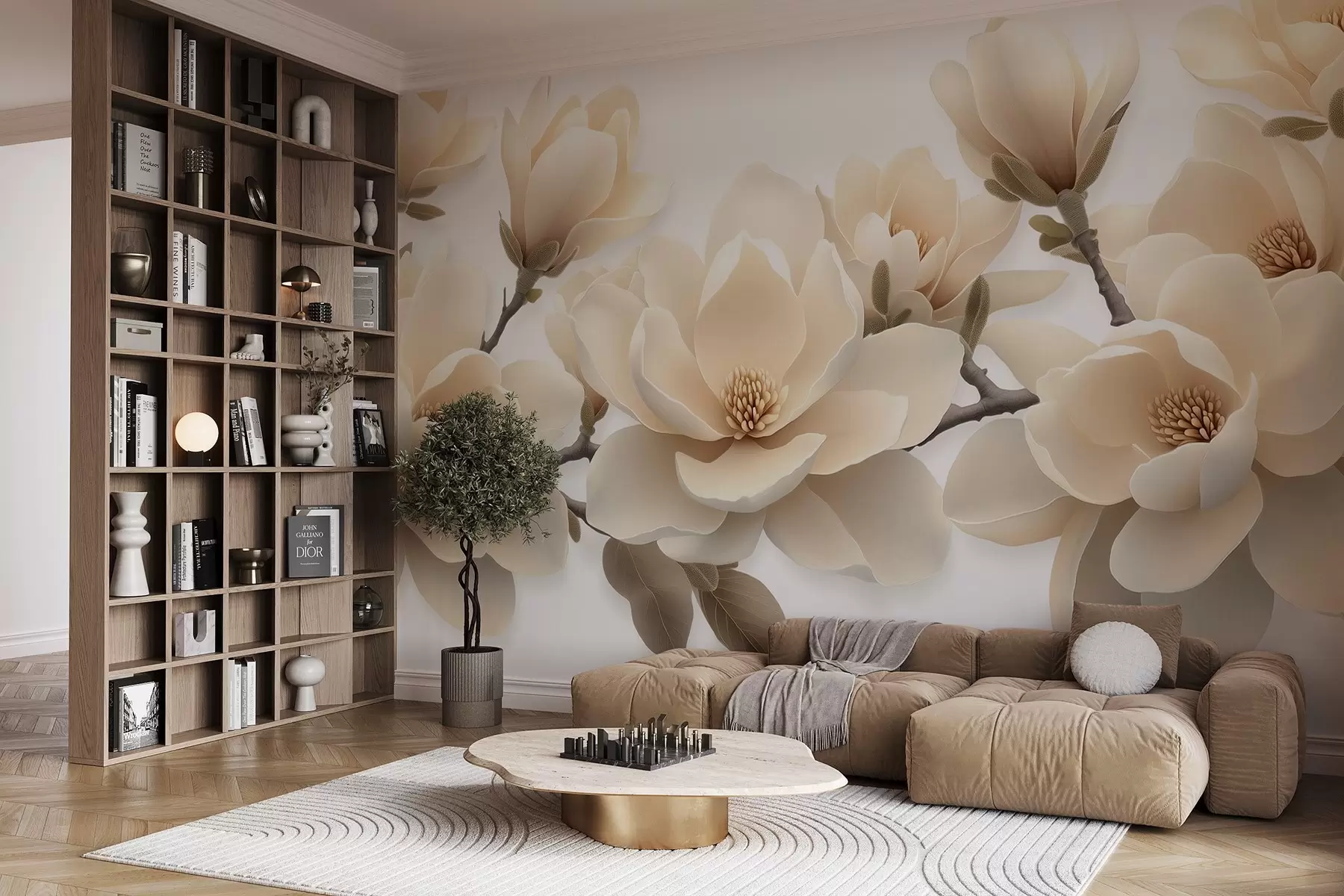 Murale Fleurs de magnolia beige épanouies dans un ton crémeux sur fond blanc w08692