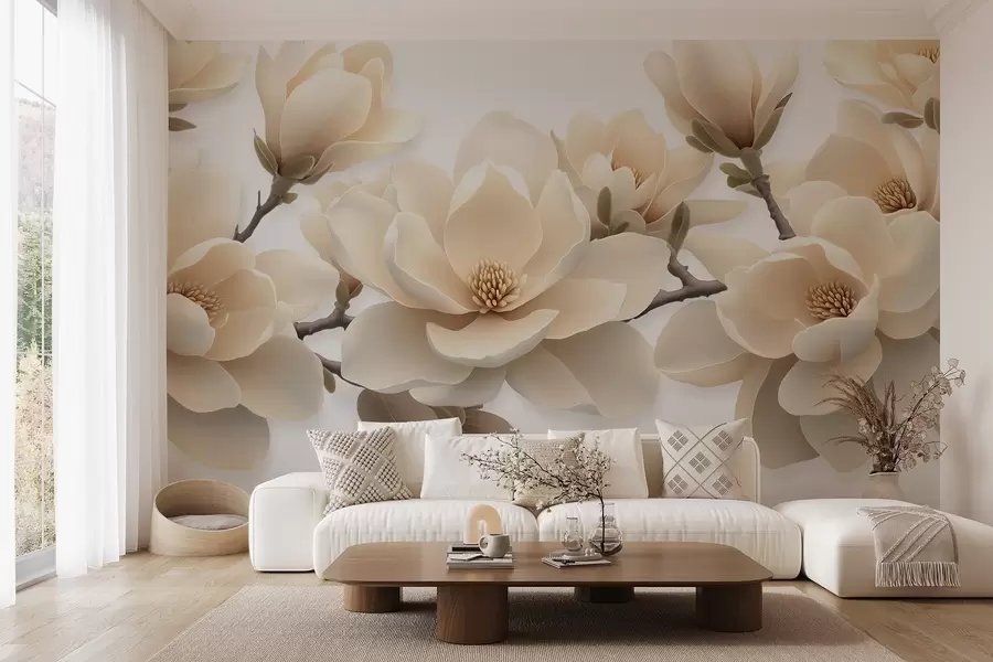 fototapeter Beige blomstrende magnoliablomster i en cremet tone på en hvid baggrund w08692