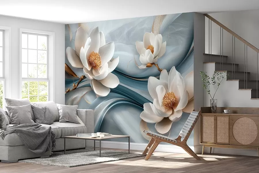 fototapeter Magnolia-blomster kombineret med blå, hvide og gule toner med abstrakte bølger w08695