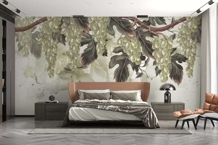 Murale Raisins suspendus à une vigne aux feuilles vertes, sur un fond de couleur claire avec des textures de type aquarelle w08696