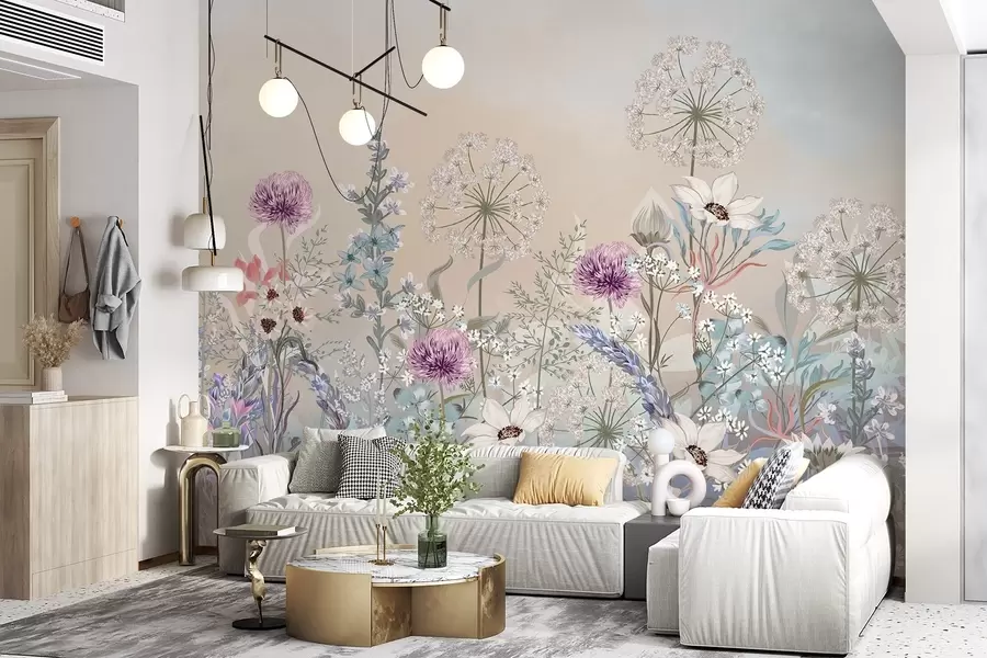 Fototapete Ein lebendiger Blumengarten mit verschiedenen Blumen und Gras auf einem weichen, pastellfarbenen, strukturierten Hintergrund w08699