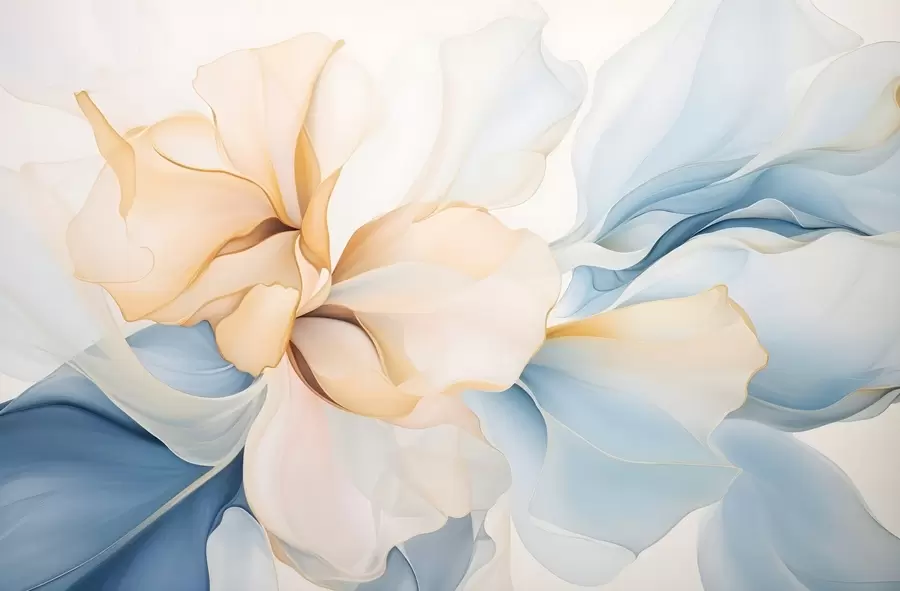 fototapeter Flydende abstrakte blomsterblade i gennemskinnelige og lagdelte former i pastelfarver, i fersken og blå nuancer w08701