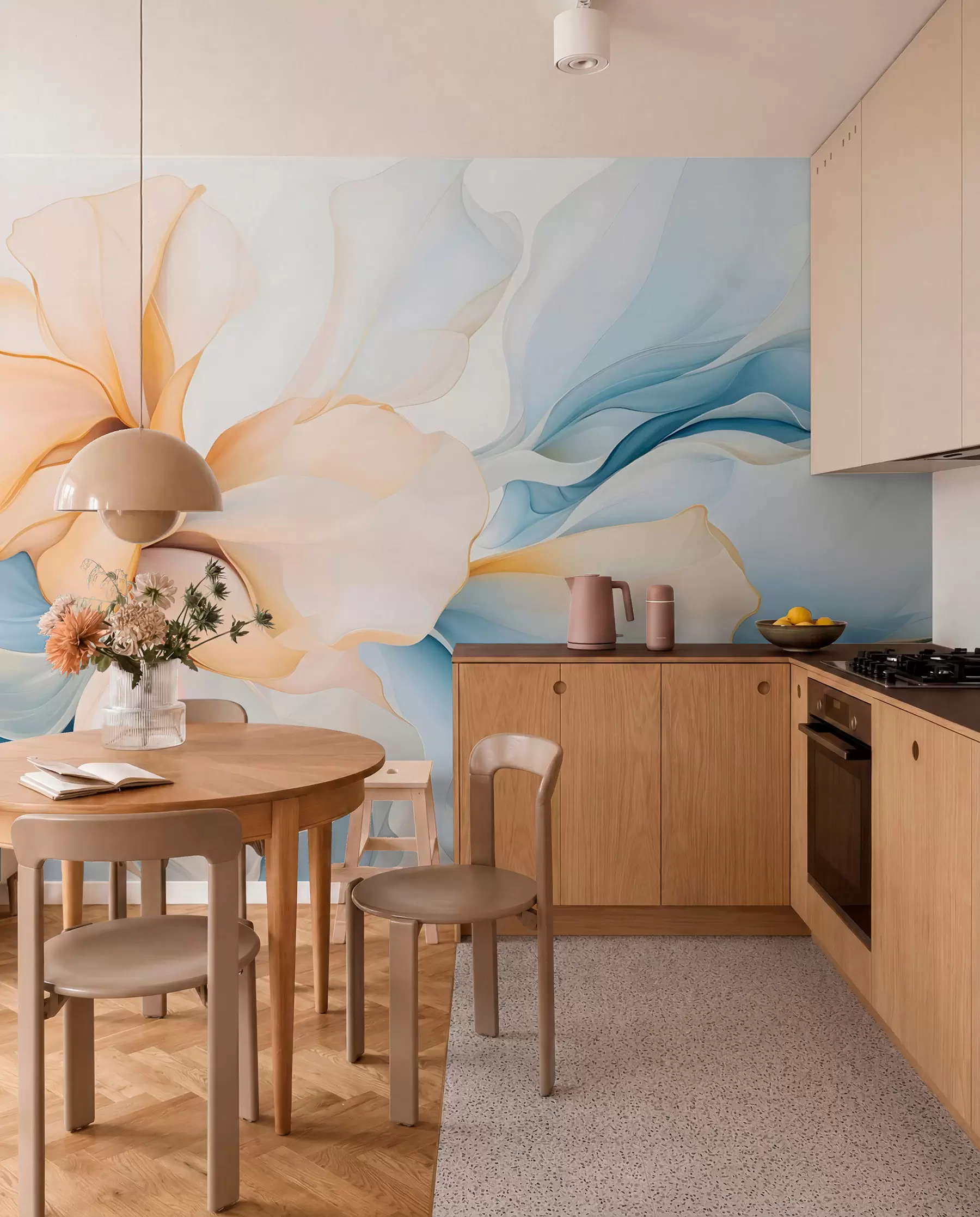 fototapeter Flydende abstrakte blomsterblade i gennemskinnelige og lagdelte former i pastelfarver, i fersken og blå nuancer w08701