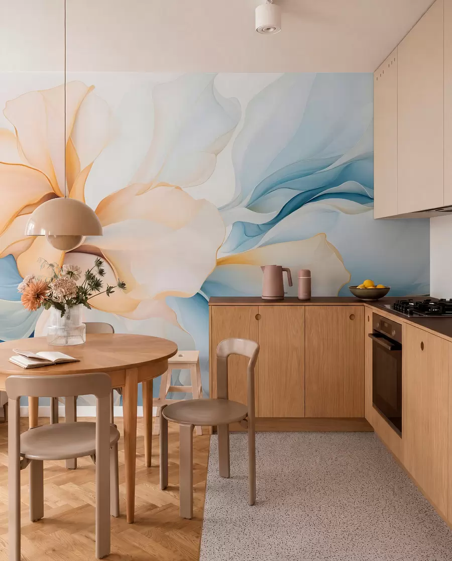 fototapeter Flydende abstrakte blomsterblade i gennemskinnelige og lagdelte former i pastelfarver, i fersken og blå nuancer w08701