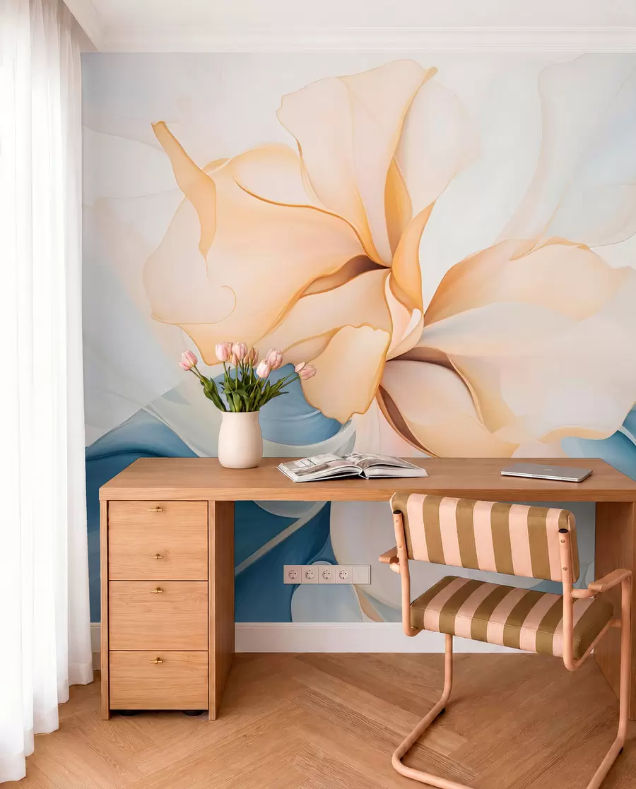fototapeter Flydende abstrakte blomsterblade i gennemskinnelige og lagdelte former i pastelfarver, i fersken og blå nuancer w08701