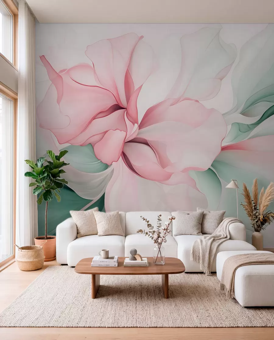fototapeter Flydende abstrakte blomsterblade i gennemskinnelige og lagdelte former i pastelfarver, i rosa og grønne nuancer w08701v1