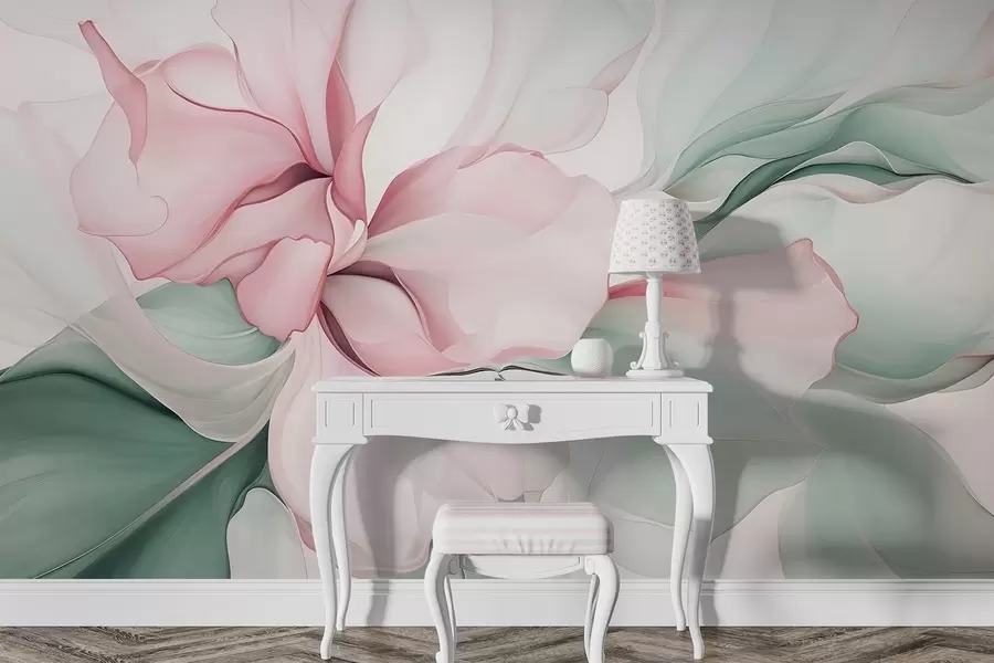 Fototapete Fließende abstrakte Blütenblätter durchscheinende und geschichtete Formen in Pastellfarben, in rosa und grünen Tönen w08701v1
