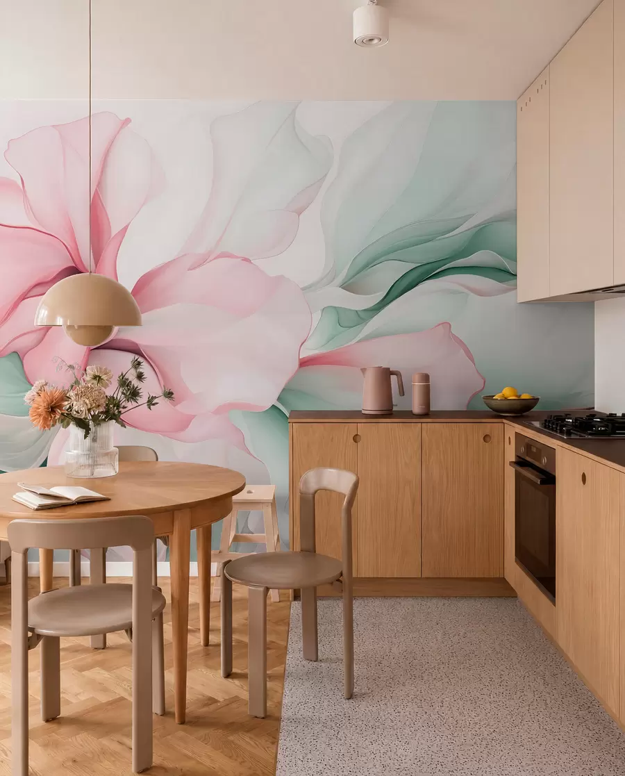 Murale Pétales floraux abstraits et fluides, translucides et superposés, aux couleurs pastel, dans les tons roses et verts w08701v1