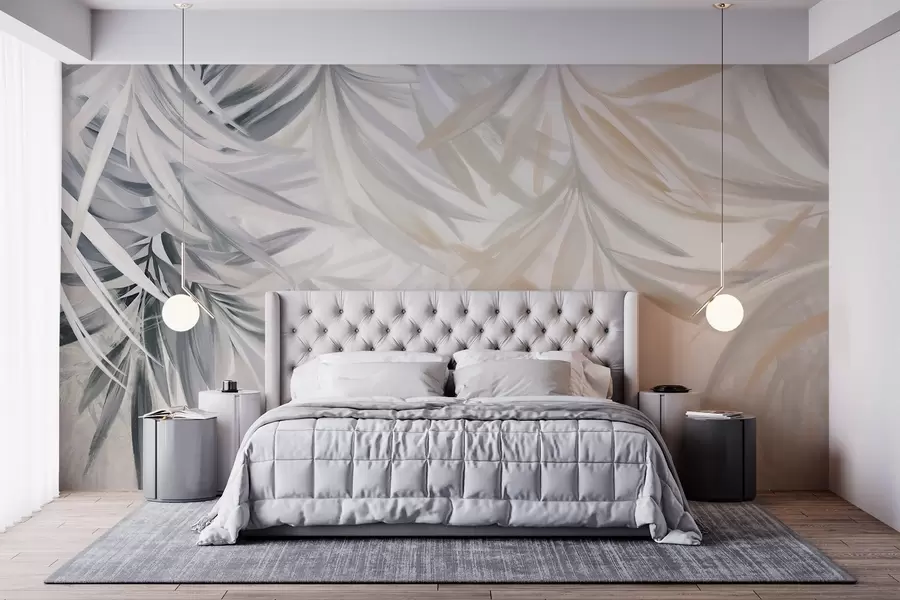 Fototapete Weiche, fließende, helle tropische Blätter in Grau- und Pfirsichtönen, die in einen hellen, neutralen Druck übergehen w08703