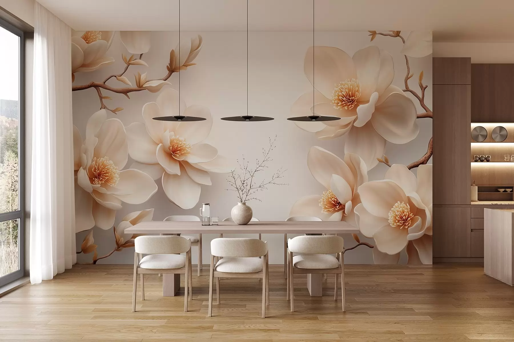 Fototapete Schöne blühende cremefarbene Magnolienblüten auf einem weißen Hintergrund w08704