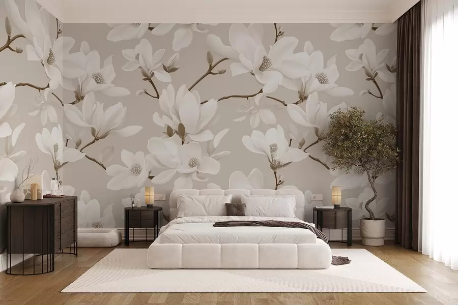 fototapeter Mønster af hvide magnoliablomster i beige nuancer, hvide blade og grene w08726v1