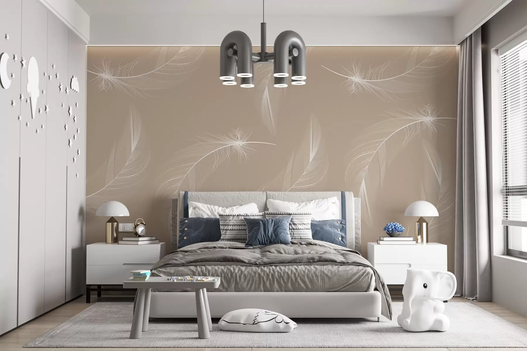 fototapeter Fjer på beige og ferskenfarvet baggrund, fjer i hvid farve w03043v3