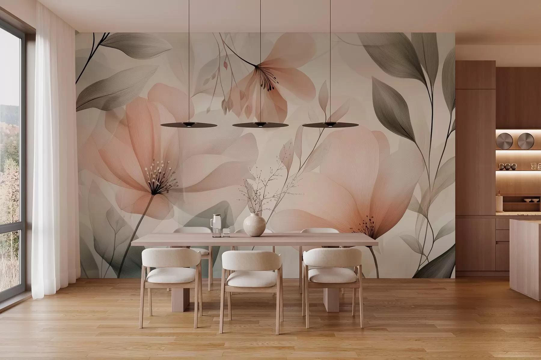 Murale des fleurs délicates et aériennes dans des tons chauds et terreux w03010