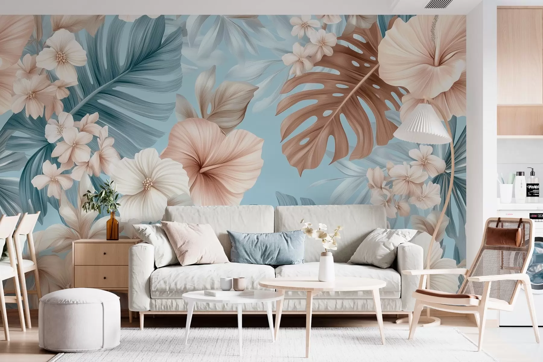 fototapeter tropisk print med store blade og blomster i pastelblå og beige farver w03013