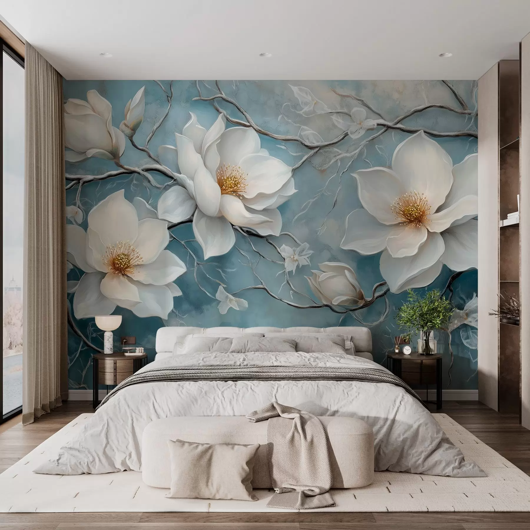 Murale Fleurs blanches givrées sur fond bleu dans le style de la peinture à l'huile w03018