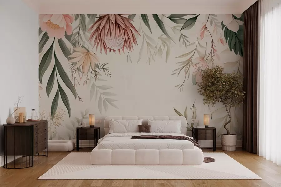 Murale Fleur de Protea parmi diverses feuilles et plantes dans des tons chauds de beige et de vert w03019