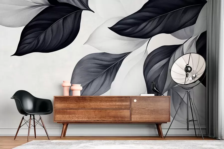 Fototapete Grafische schwarze und weiße Blätter w03020