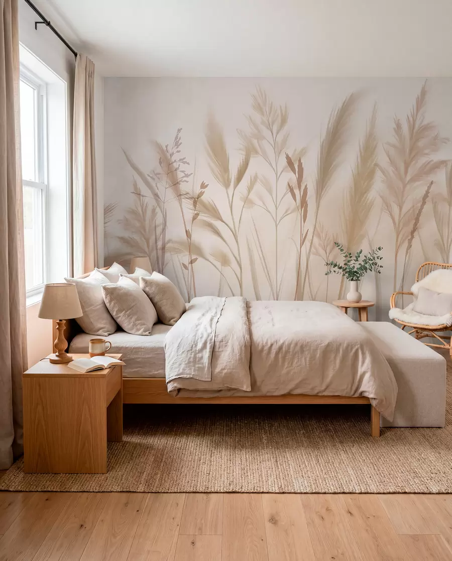 fototapeter Høje, delikate græsser, pigge og planter i bløde beige og cremefarvede toner mod en let sløret baggrund w08736