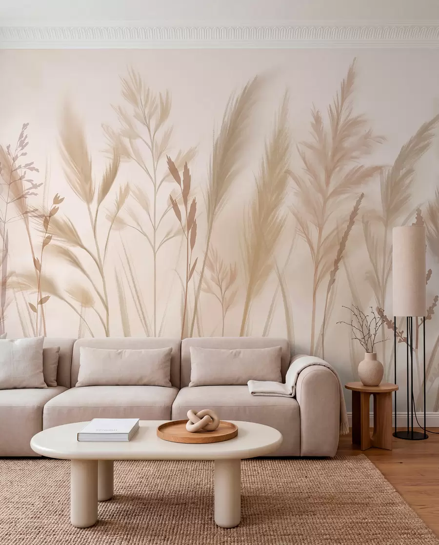 fototapeter Høje, delikate græsser, pigge og planter i bløde beige og cremefarvede toner mod en let sløret baggrund w08736