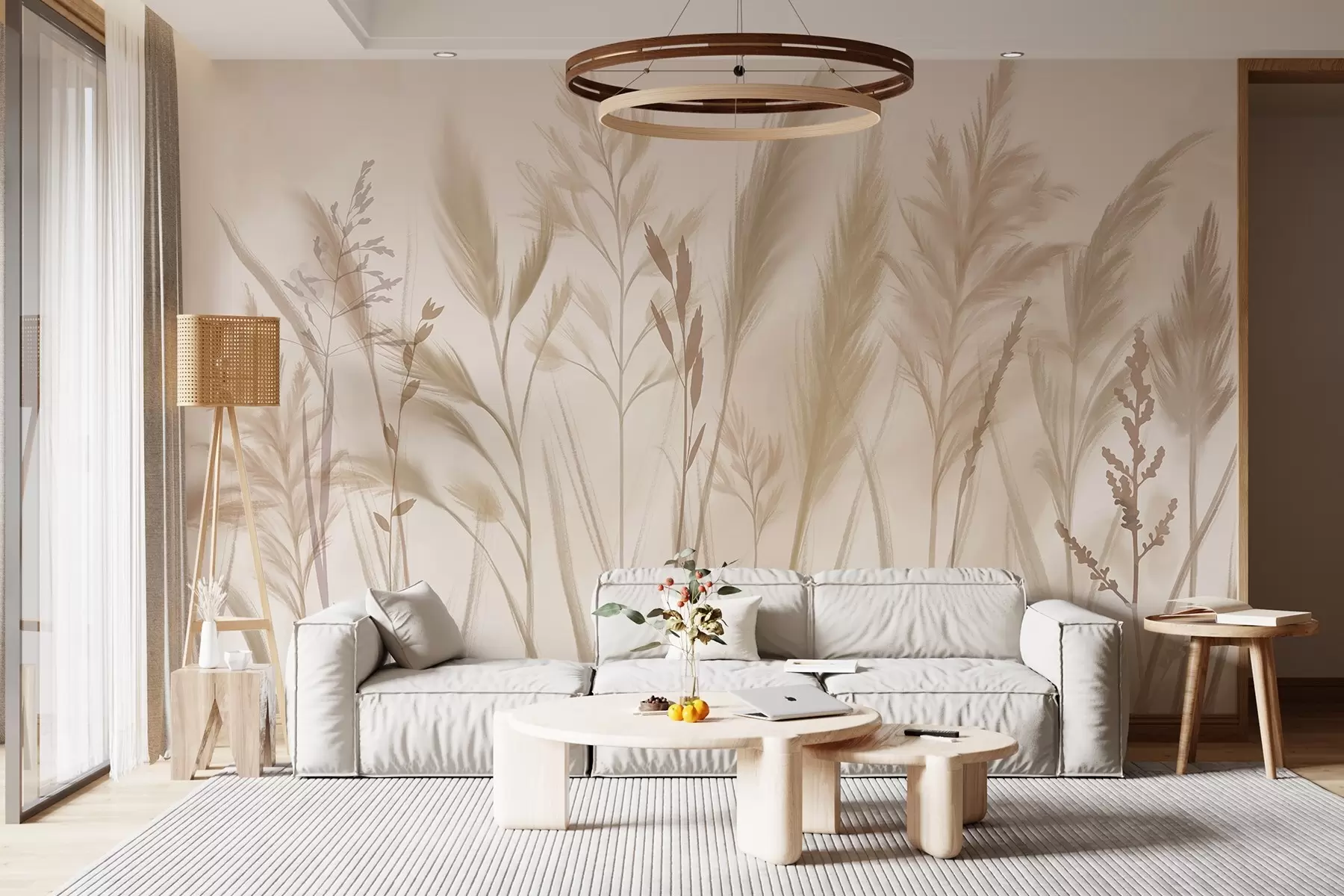 fototapeter Høje, delikate græsser, pigge og planter i bløde beige og cremefarvede toner mod en let sløret baggrund w08736