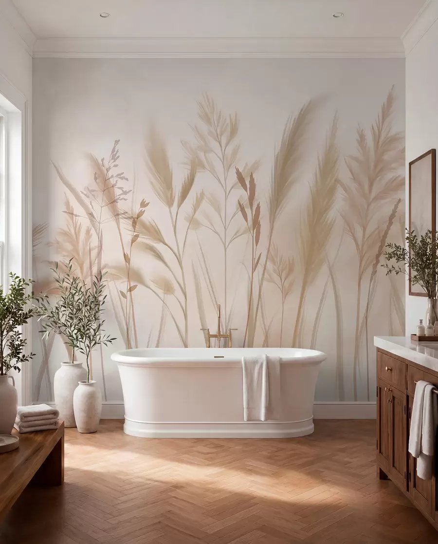 fototapeter Høje, delikate græsser, pigge og planter i bløde beige og cremefarvede toner mod en let sløret baggrund w08736