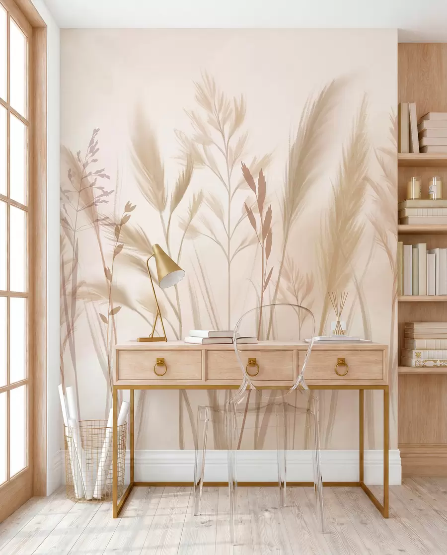 fototapeter Høje, delikate græsser, pigge og planter i bløde beige og cremefarvede toner mod en let sløret baggrund w08736
