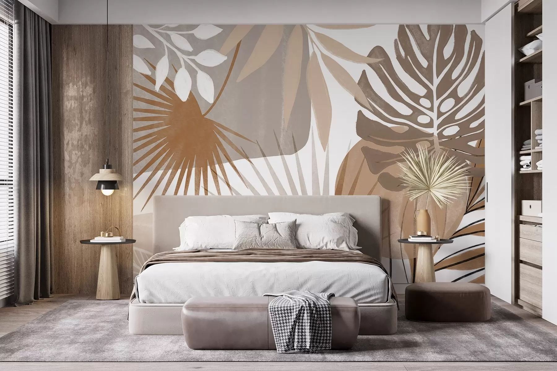 Murale Motif abstrait représentant diverses feuilles tropicales dans des tons terreux de marron, beige et crème w08738