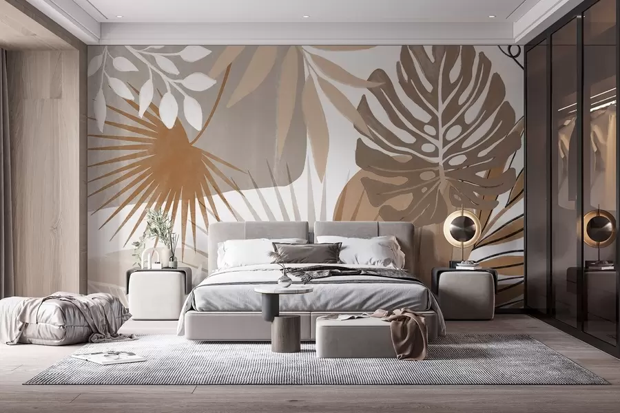 Fototapete Abstraktes Design mit verschiedenen tropischen Blättern und in Erdtönen von Braun, Beige und Creme w08738